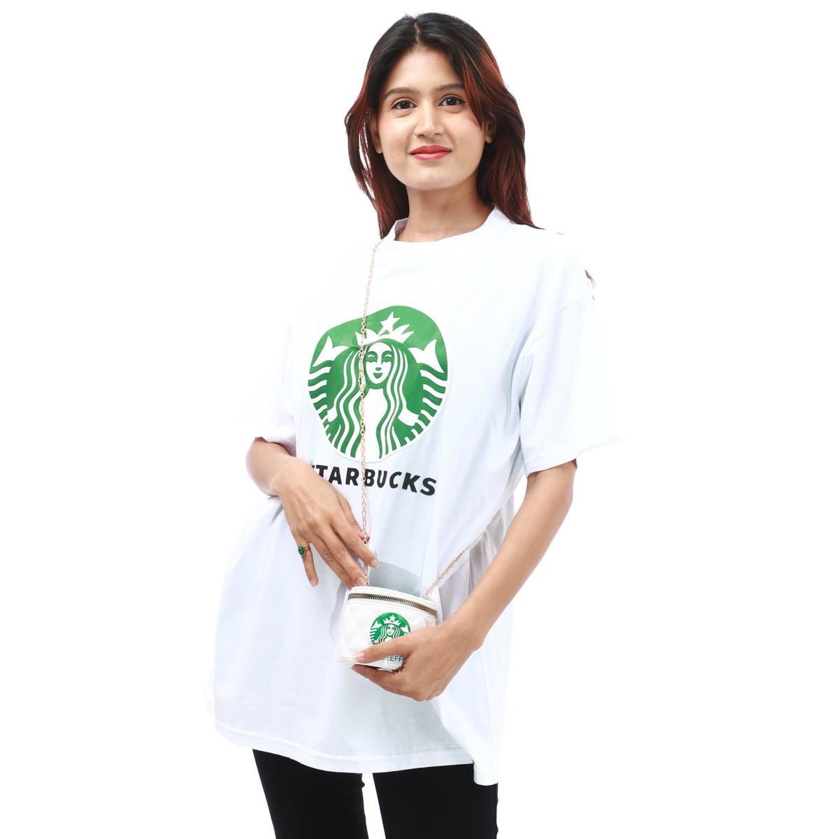 white cotton round neck printed t shirt with bag set for women
