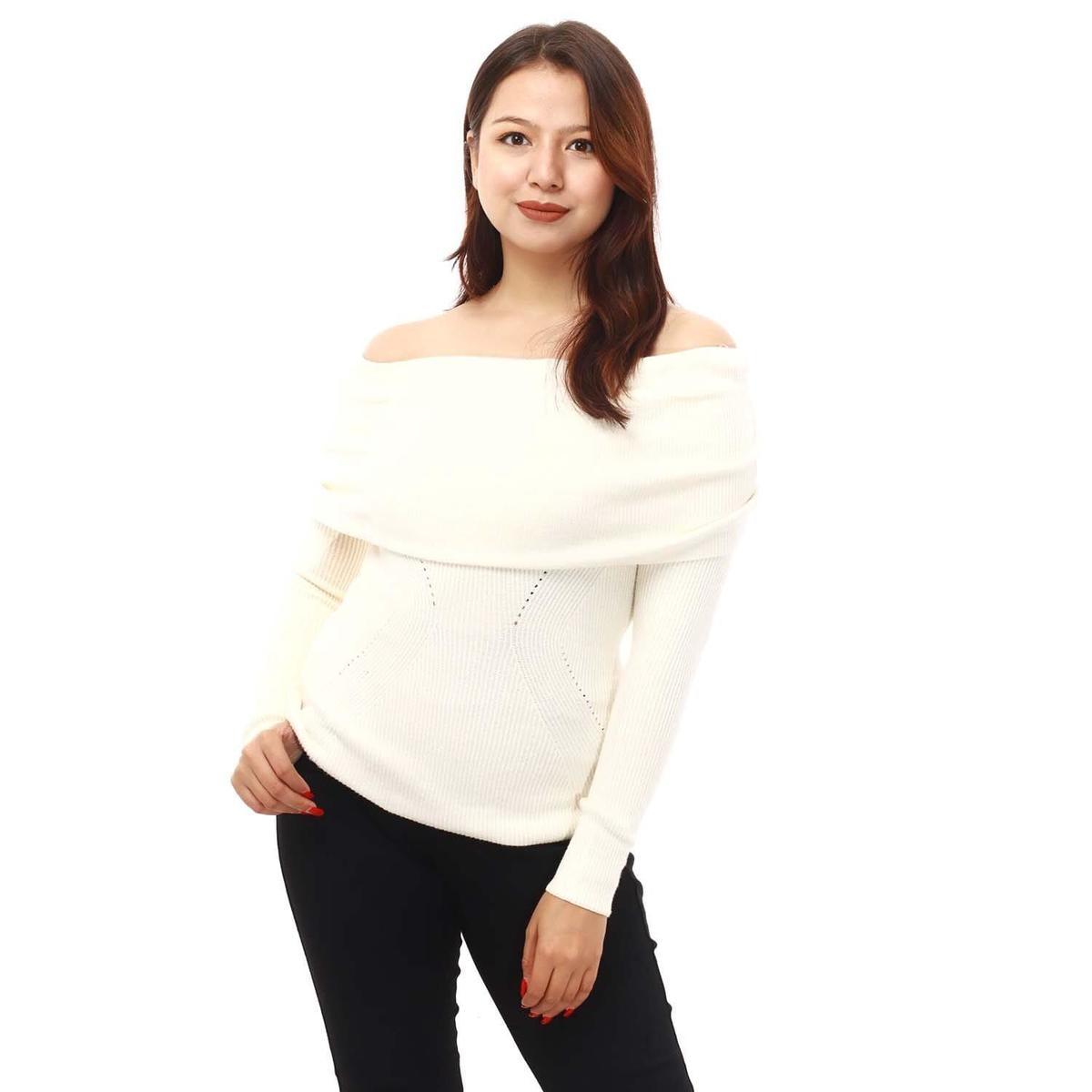 white woolen full sleeve off shoulder design sweater for women