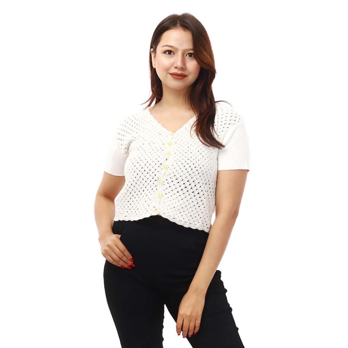 white woolen half sleeve front button design crop tops for women
