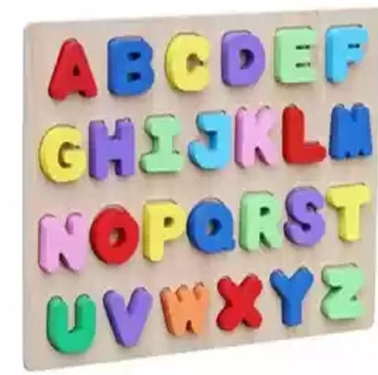 wooden english alphabet on a board for kids abcd
