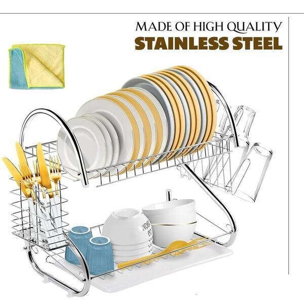 2 Tier Kitchen Storage Organizer Dish Drainer Drying Rack Foldable Stainless Steel S Shape Stand Dishrack