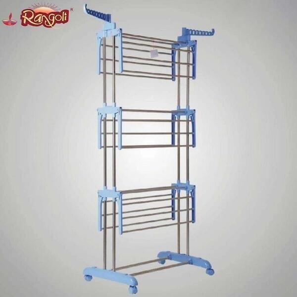 Heavy Duty Stainless Steel 2 Polls & 3 Layers Cloth Drying Stand with Braking Wheel System - Clothes Stand