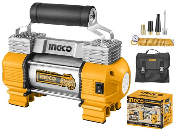 Ingco Auto Air Compressor 18A Double Cylinder 120PSI With Light And Includes Storage Bag | Heavy Duty Air Compressor