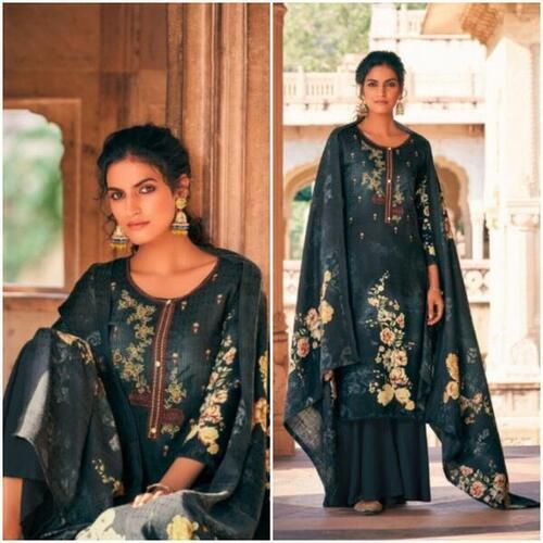 Pashmina Fabric Unstitched Kurta Surwal Piece for Women - Dark Blue | Fashion Pashmina Woolen Printed Unstitched Kurtha Set for Women