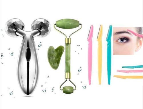 Face Stone Roller Massager with Gua Sha Jade Stone, eyebrow Razor and 3D Massager Roller Set Combo