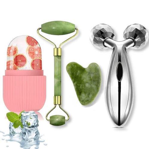 Face Stone Roller Massager with Gua Sha Jade Stone,Ice Roller and 3D Massager Roller Set Combo