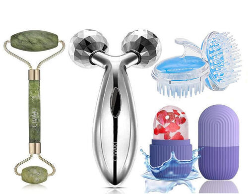 Face Stone Roller Massager with Gua Sha Jade Stone,Ice Roller , Scalp Comb and 3D Massager Roller Set Combo