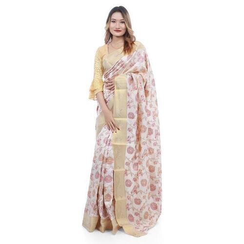 Off-White With Cream Border Dola Silk Saree With Blouse For Women