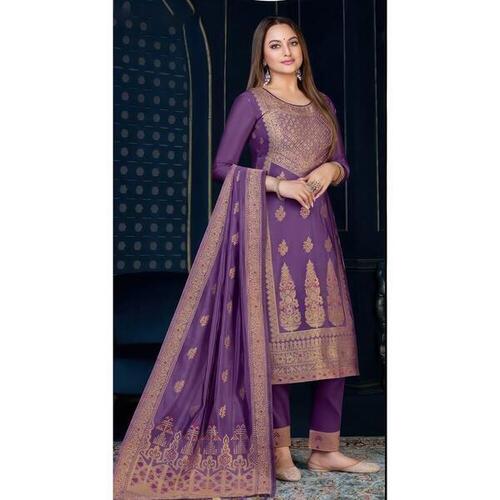 Pure Organza Jacquard Handworked Designer Kurtha Set In Purple Color For Women
