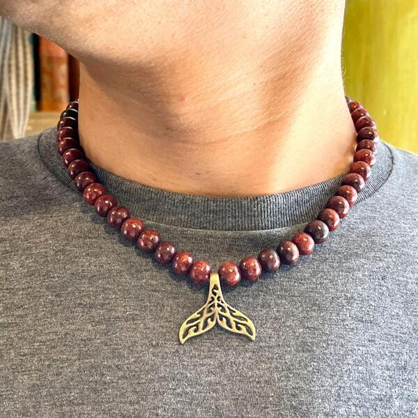 Handmade Wooden Beads Necklace Mala With Brass Charm For Men