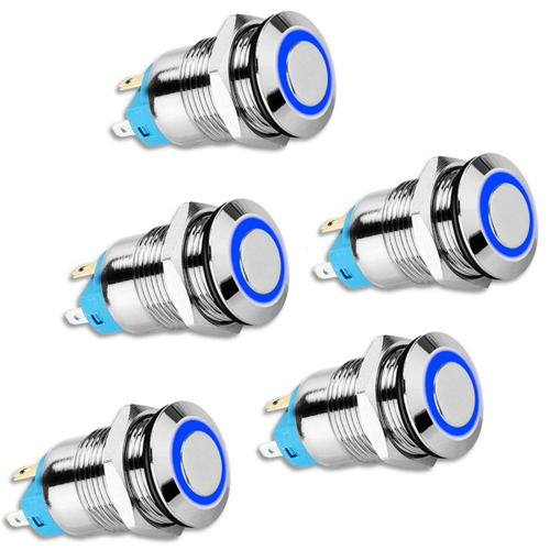 12mm Latching Push Button Switch High Round Cap, Waterproof Metal Push Button Switch with 12V/24V Blue Light
