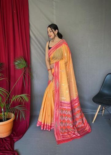 Linen Saree with Chap Border and Ikkat Conceptual Weaved Motifs - Mustard