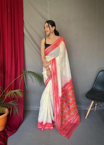 Linen Saree with Chap Border and Ikkat Conceptual Weaved Motifs