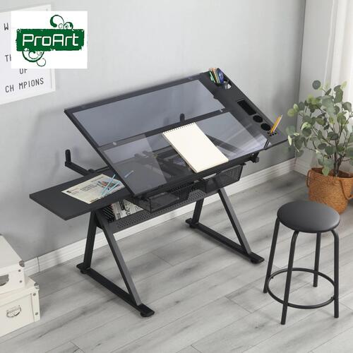 ProArt Artists' Mulifunctional Drafting Table With Adjustable Glass Top And Drawer (Stool Also Included)
