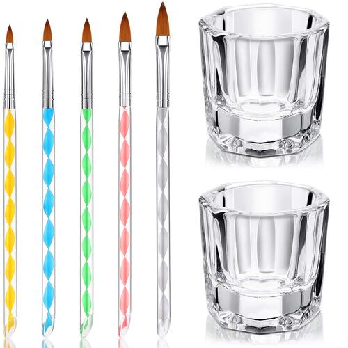 Reju's Art Manicure Care Tools Include 2 Nail Art Clear Glass Crystal Cup Bowl Dappen Dishes Cup and 5 Acrylic Design 3D Painting Drawing UV Gel DIY Brush/Pen Set