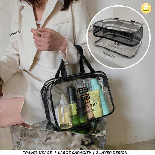 Wifu Transparent Waterproof Cosmetics Bag Toiletry Bag, Large Double Compartment Clear Travel Bag for Toiletries, Waterproof & Draining Transparent Makeup Bag Tote Bag