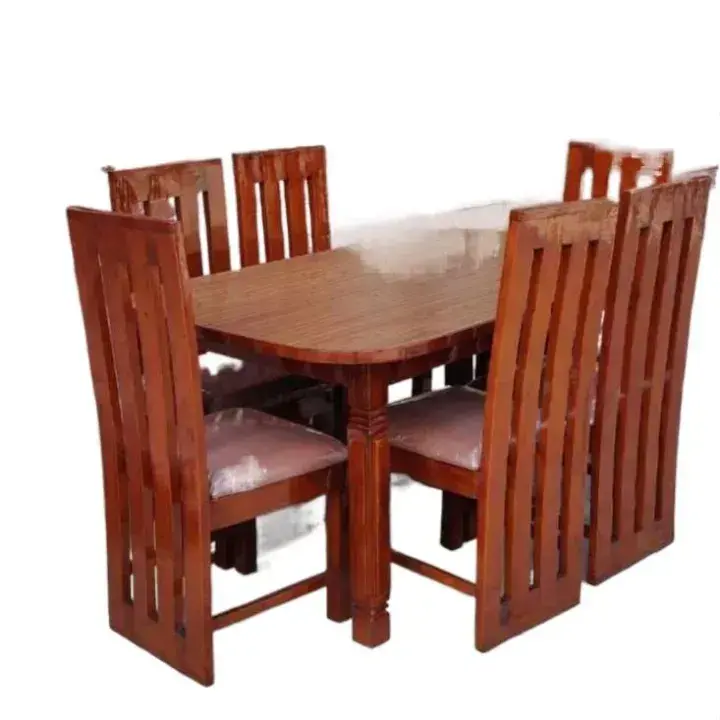 6 Seater Royal Wooden Rectangular Design Dark Wooden Color Dining Table Set with Eco Paint