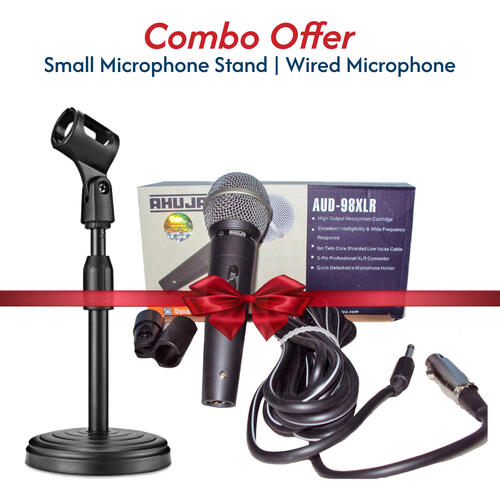 Adjustable Desktop Mic Stand with AHUJA AUD 98XLR Wired Dynamic Microphone – Perfect for Karaoke, Meetings, Live Zoom, and KTV