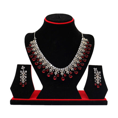 AD Garnet Stone SettingBridal Necklace Set With Earring
