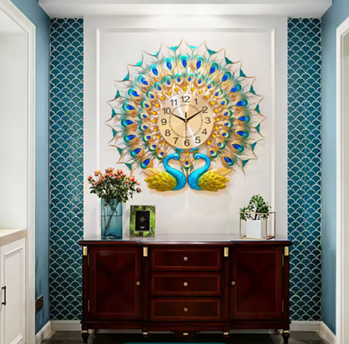 Large 70x65cm Peacock Wall Clock for Living Room Bedroom Office Metal Non-Ticking Silent Modern Luxury Art Clock