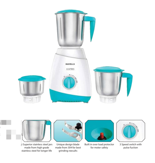 Havells Mixer/ Grinder Aspro Mg Light Blue 600W (G0FMGAZW060)- 3Jar
